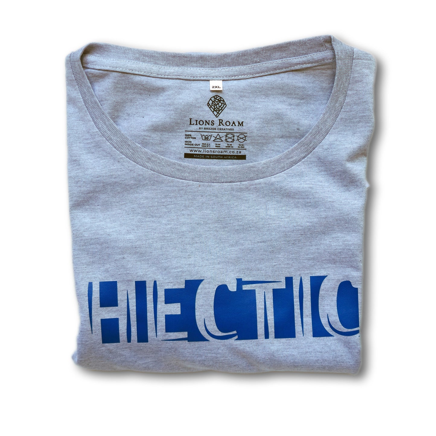 A Grey t-shirt with the phrase "Hectic" printed in Blue.