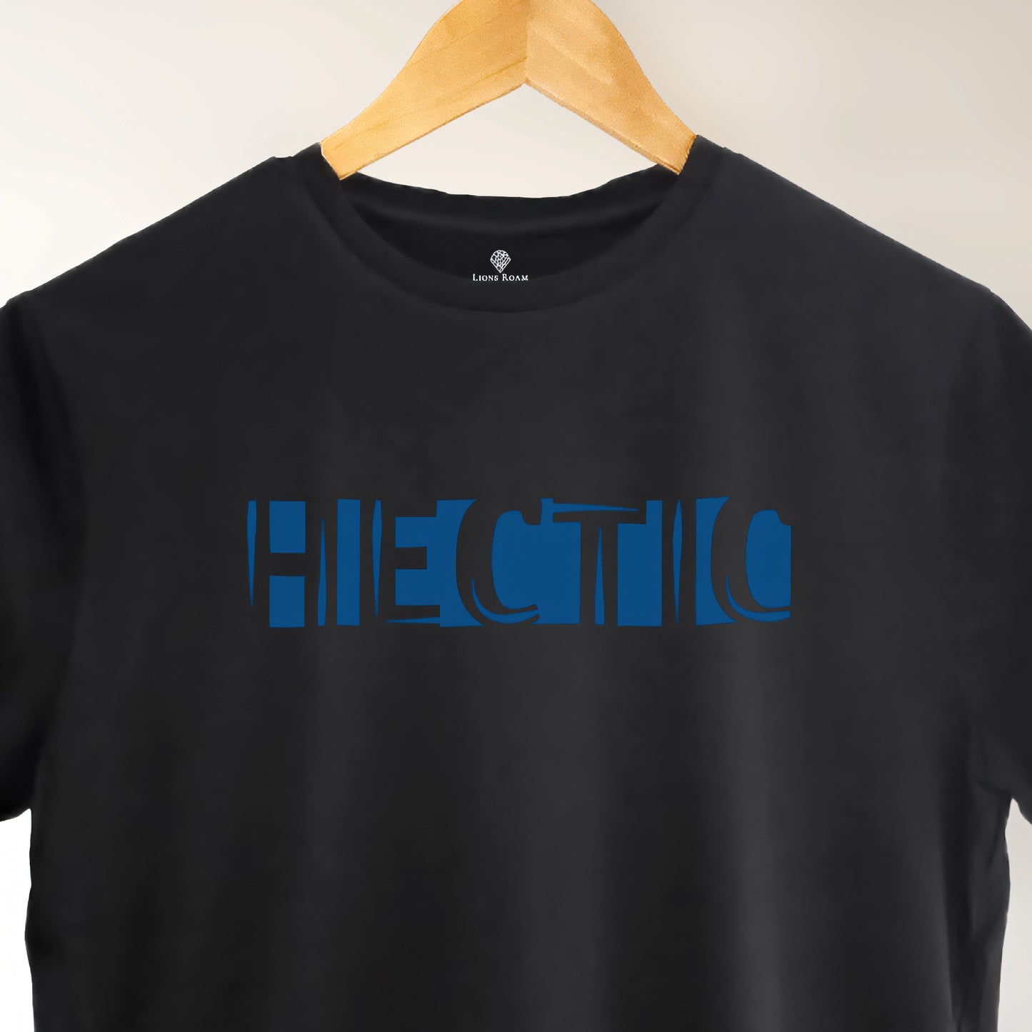 A Black t-shirt with the phrase "Hectic" printed in Blue.