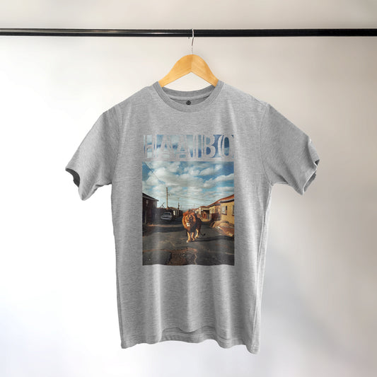 A Grey t-shirt with the phrase "Haaibo" printed in the sky, with a lion roaming the streets of africa.