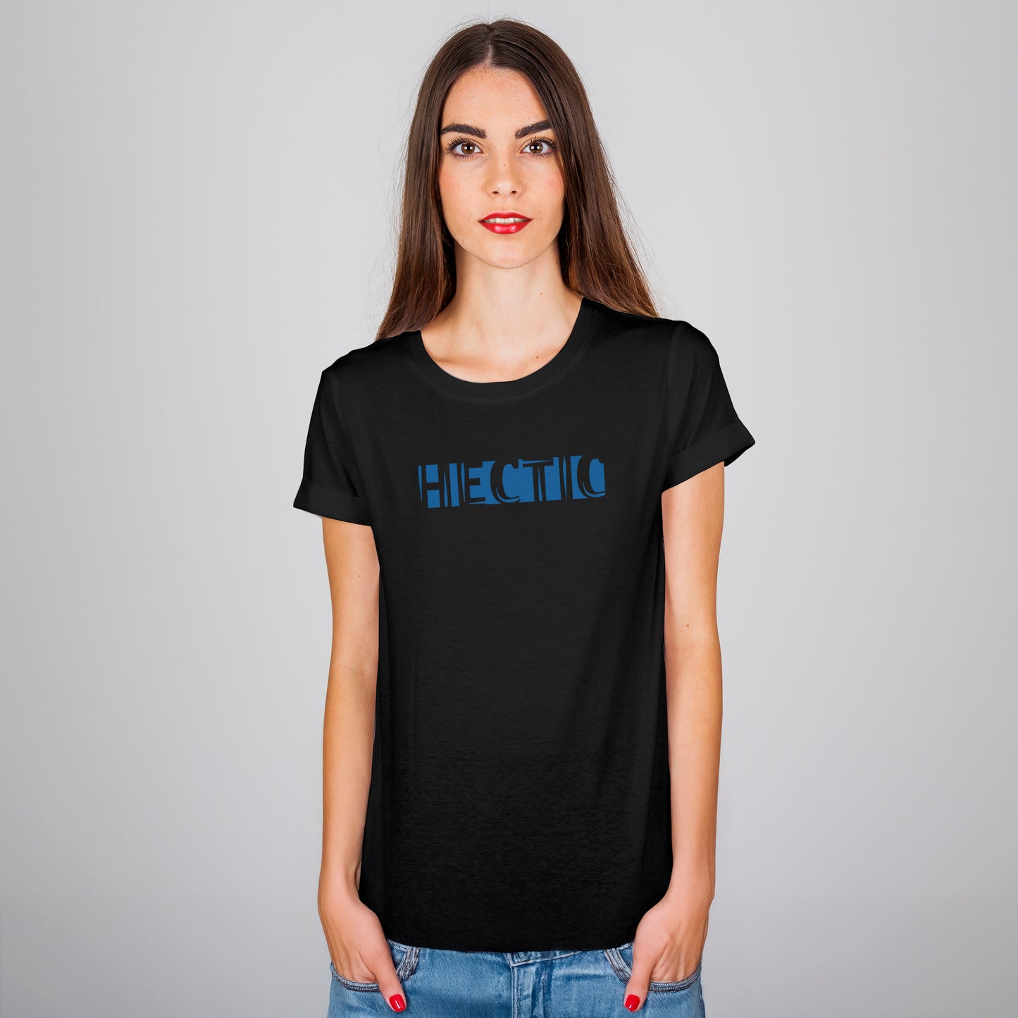 A Black t-shirt with the phrase "Hectic" printed in Blue.