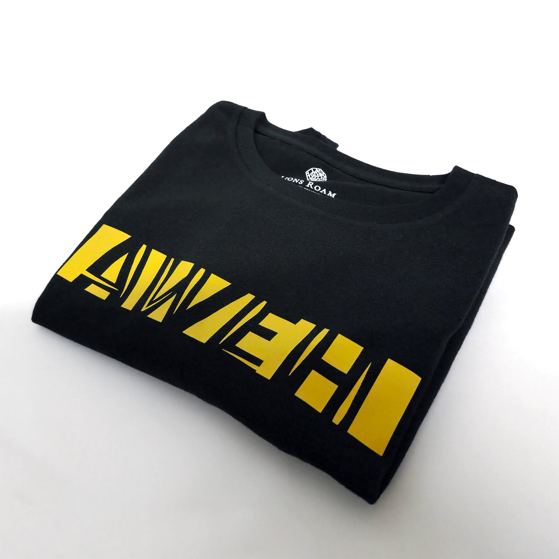 A black t-shirt with the phrase "Aweh" printed in Yellow.