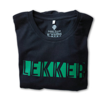 A black t-shirt with the phrase "Lekker" printed in Green.