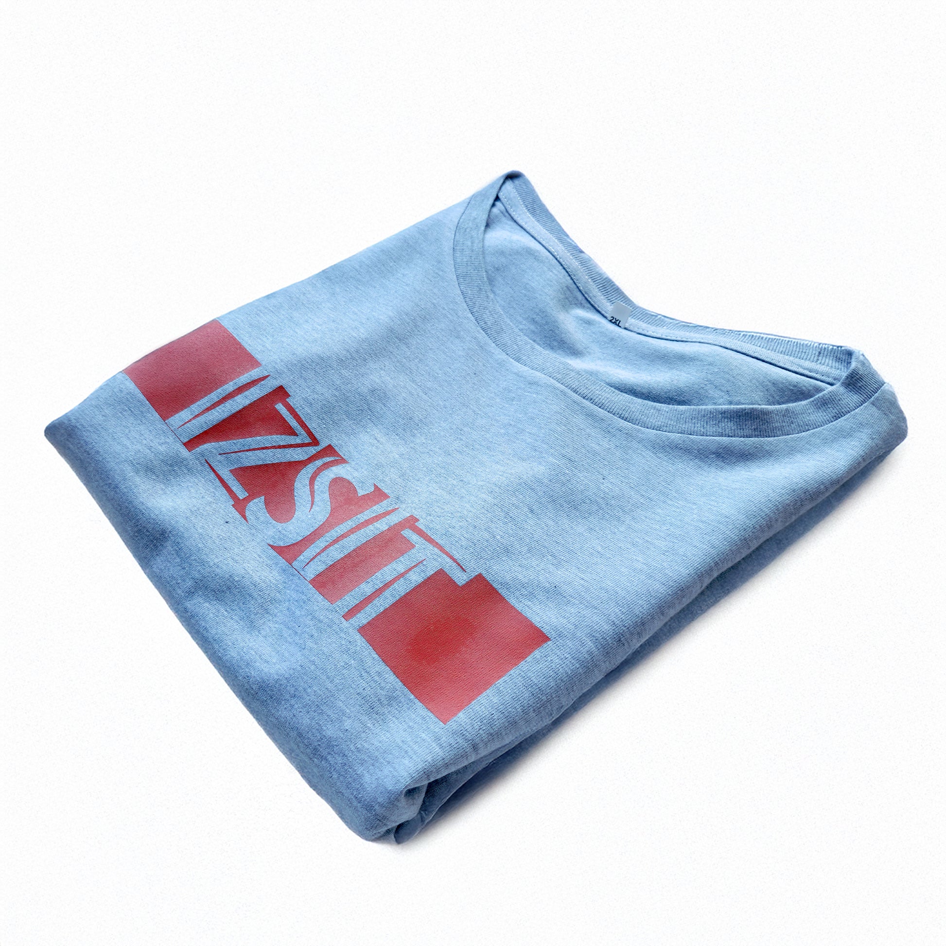 A Grey t-shirt with the phrase "Izsit" printed in Red.