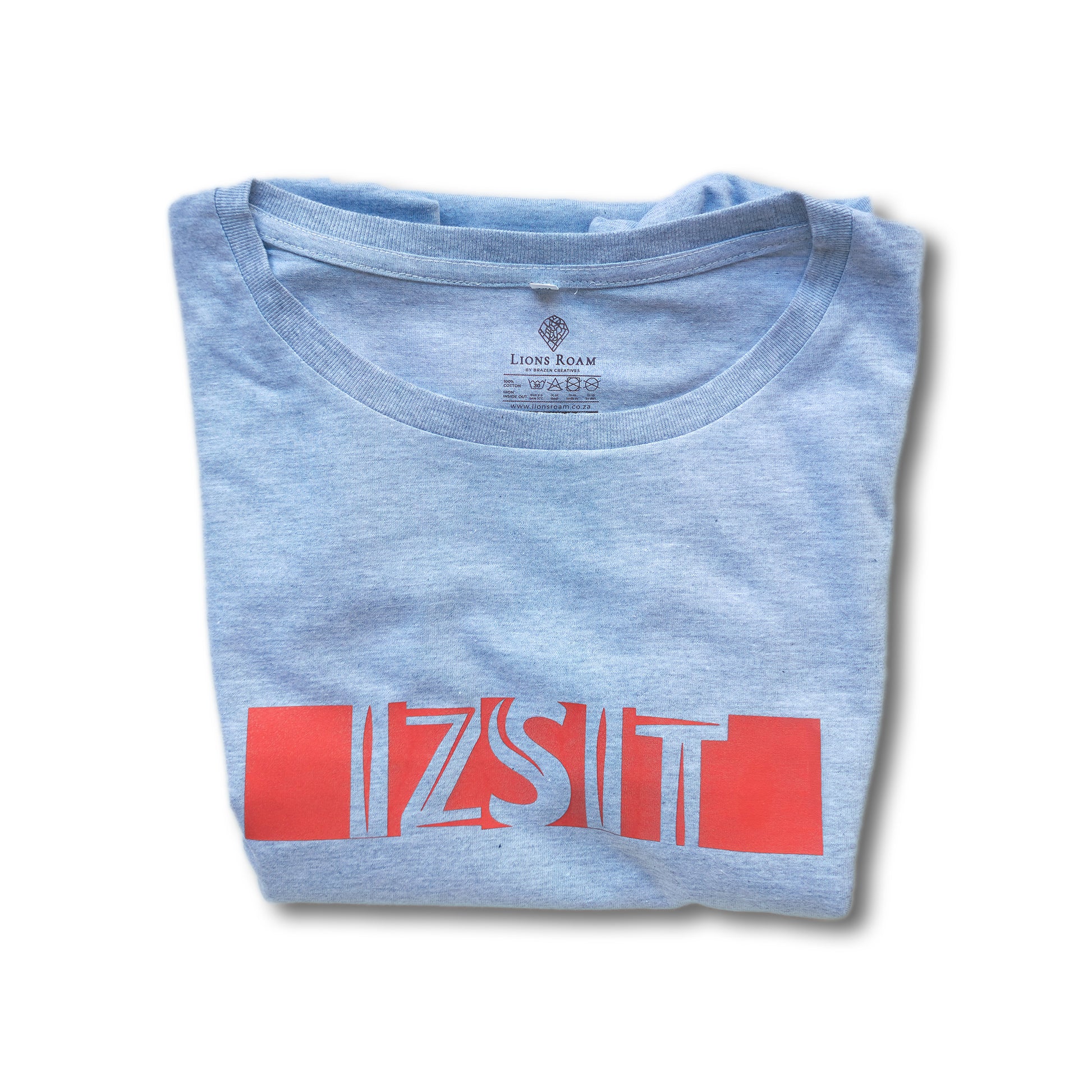 A Grey t-shirt with the phrase "Izsit" printed in Red.
