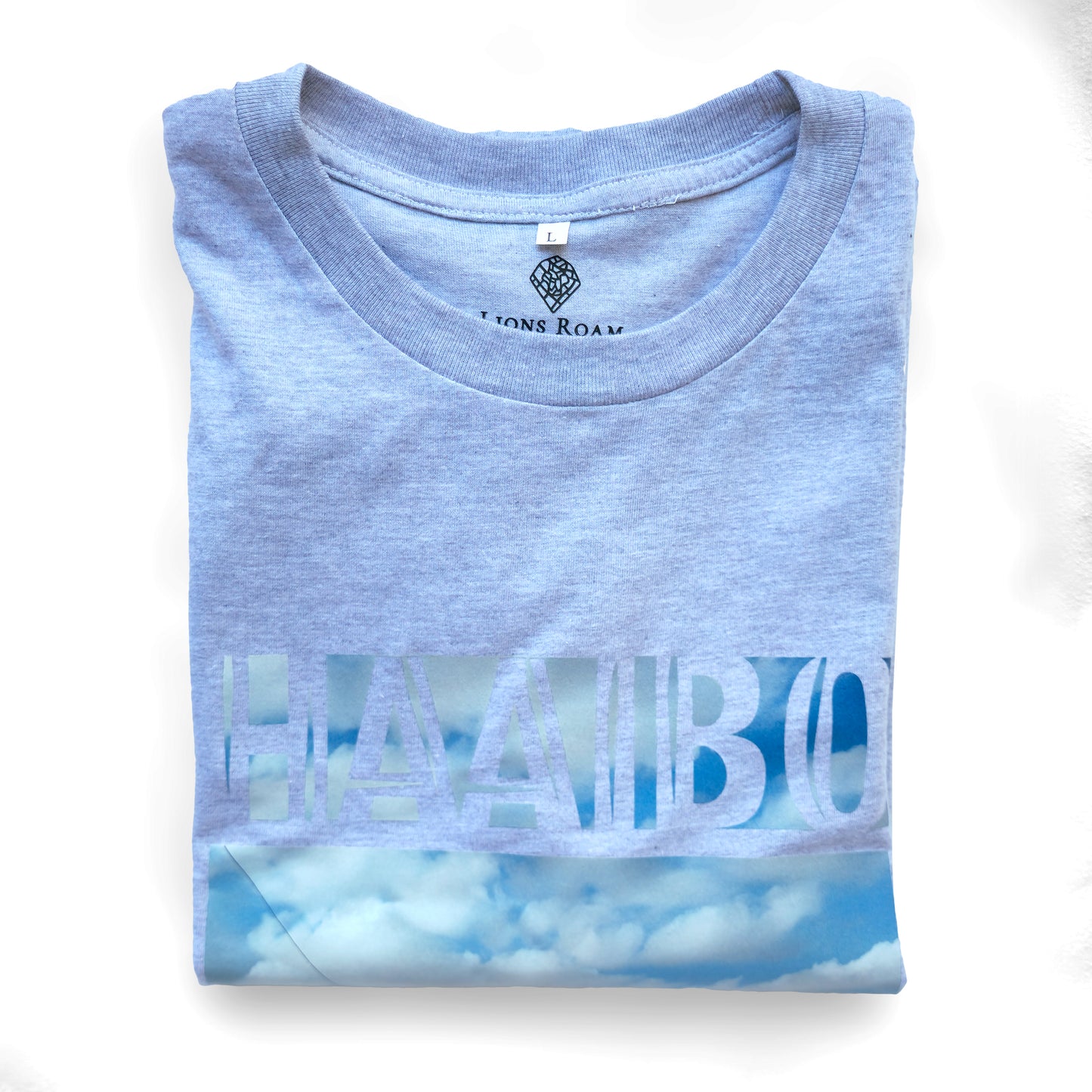 A Grey t-shirt with the phrase "Haaibo" printed in the sky, with a lion roaming the streets of africa.