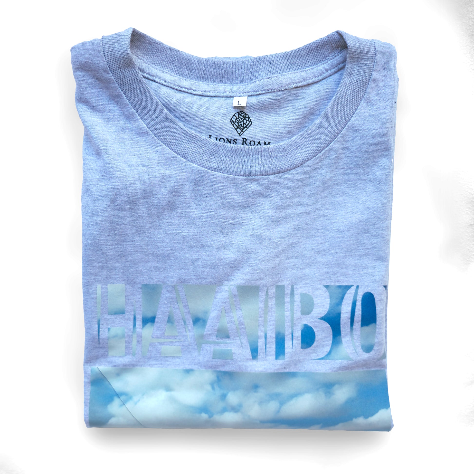 A Grey t-shirt with the phrase "Haaibo" printed in the sky, with a lion roaming the streets of africa.