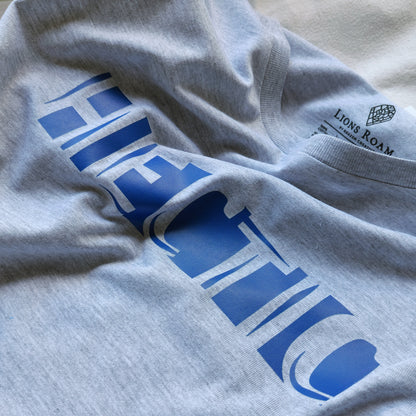 A Grey t-shirt with the phrase "Hectic" printed in Blue.