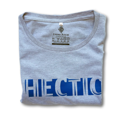 A Grey t-shirt with the phrase "Hectic" printed in Blue.