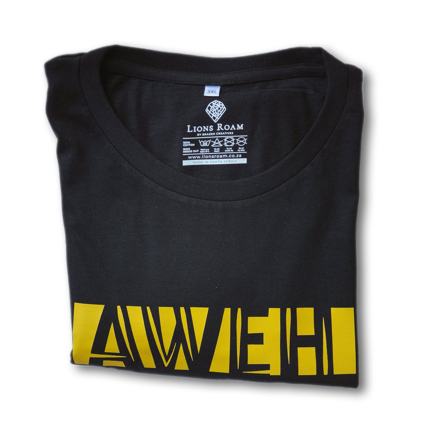 A black t-shirt with the phrase "Aweh" printed in Yellow.