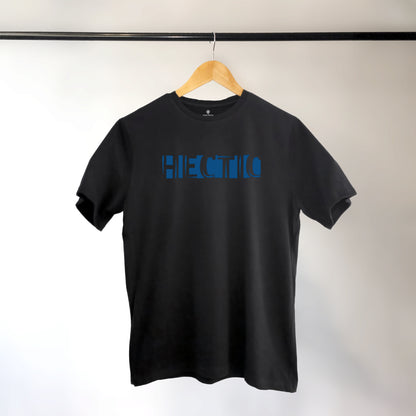 A Black t-shirt with the phrase "Hectic" printed in Blue.
