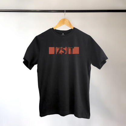 A black t-shirt with the phrase "Izsit" printed in Red.