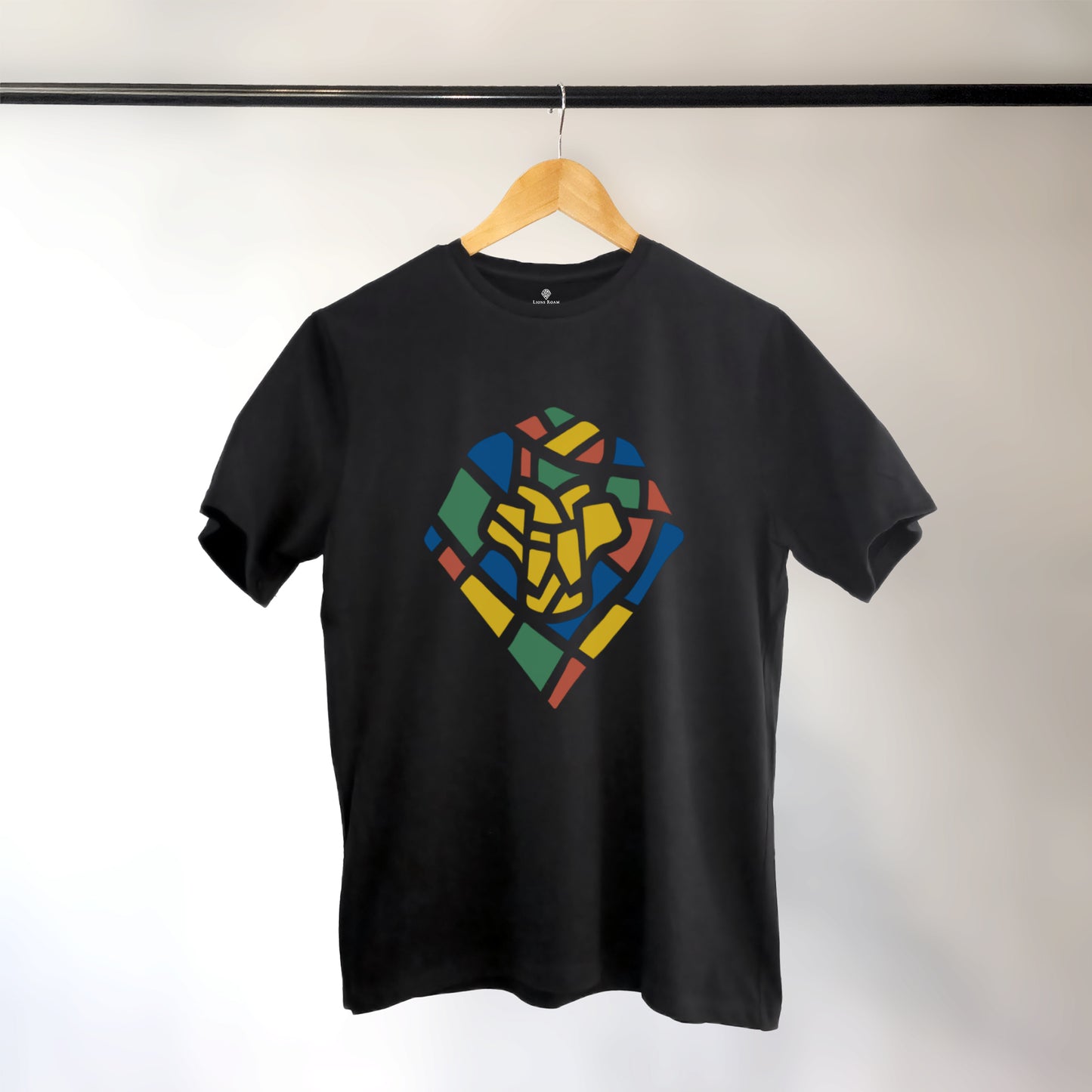 A Black t-shirt with the Lions Roam Icon printed.