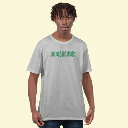 A Grey t-shirt with the phrase "Lekker" printed in Green.