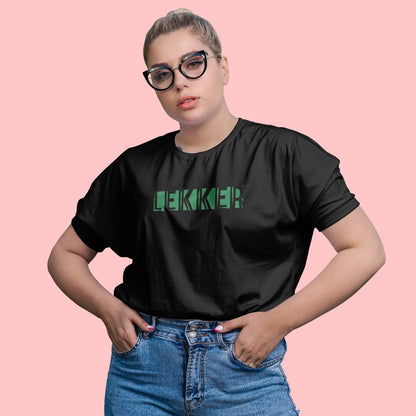 A black t-shirt with the phrase "Lekker" printed in Green.