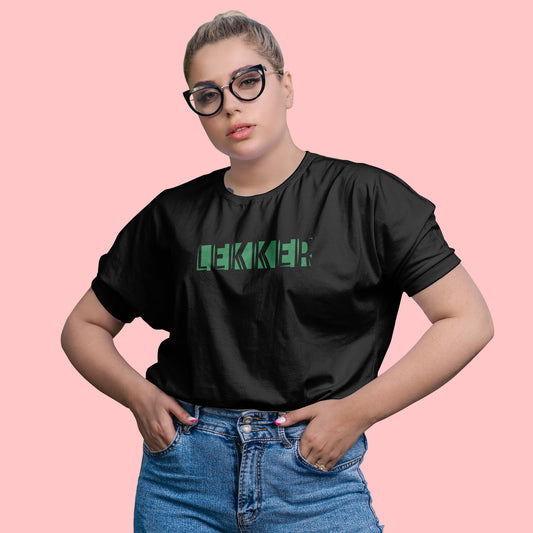 A black t-shirt with the phrase "Lekker" printed in Green.