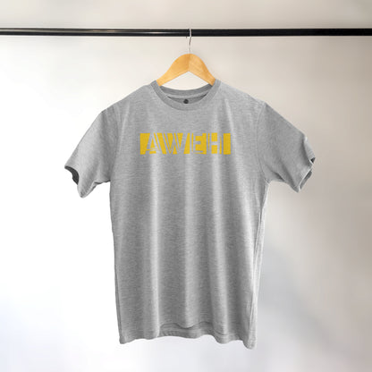 A Grey t-shirt with the phrase "Aweh" printed in Yellow.