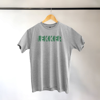 A Grey t-shirt with the phrase "Lekker" printed in Green.