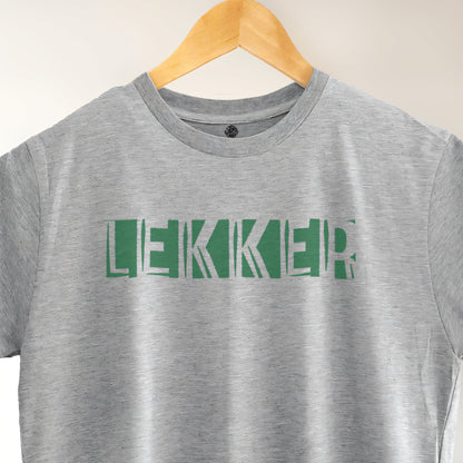 A Grey t-shirt with the phrase "Lekker" printed in Green.