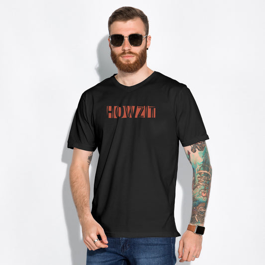 A black t-shirt with the phrase "Howzit" printed in Red.
