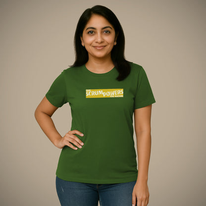 A woman wearing a green Lions Roam t-shirt with the words 'Our Scrum Powers the Nation' printed across the chest. He stands confidently, a playful take on South Africa’s rugby strength and power cuts.