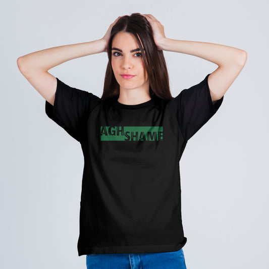 A black t-shirt with the phrase "Ag Shame" printed in Green.