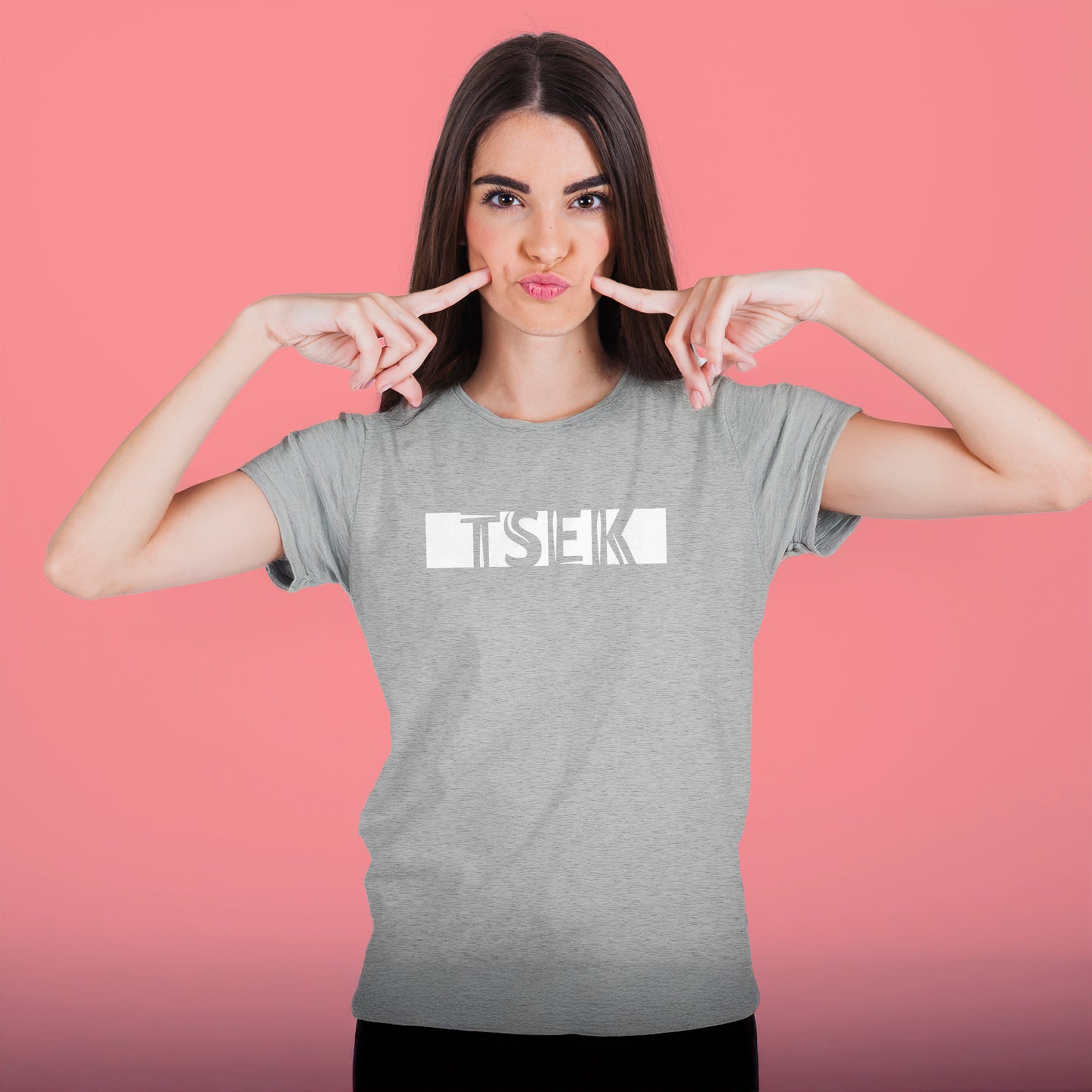 A Grey t-shirt with the phrase "Tsek" printed in White.