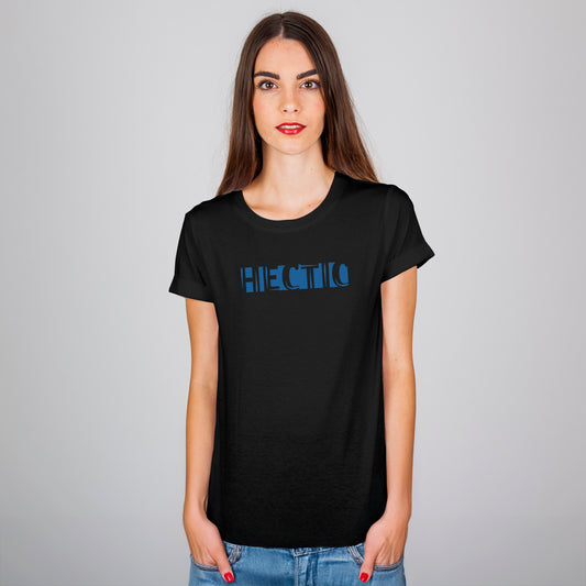 A Black t-shirt with the phrase "Hectic" printed in Blue.