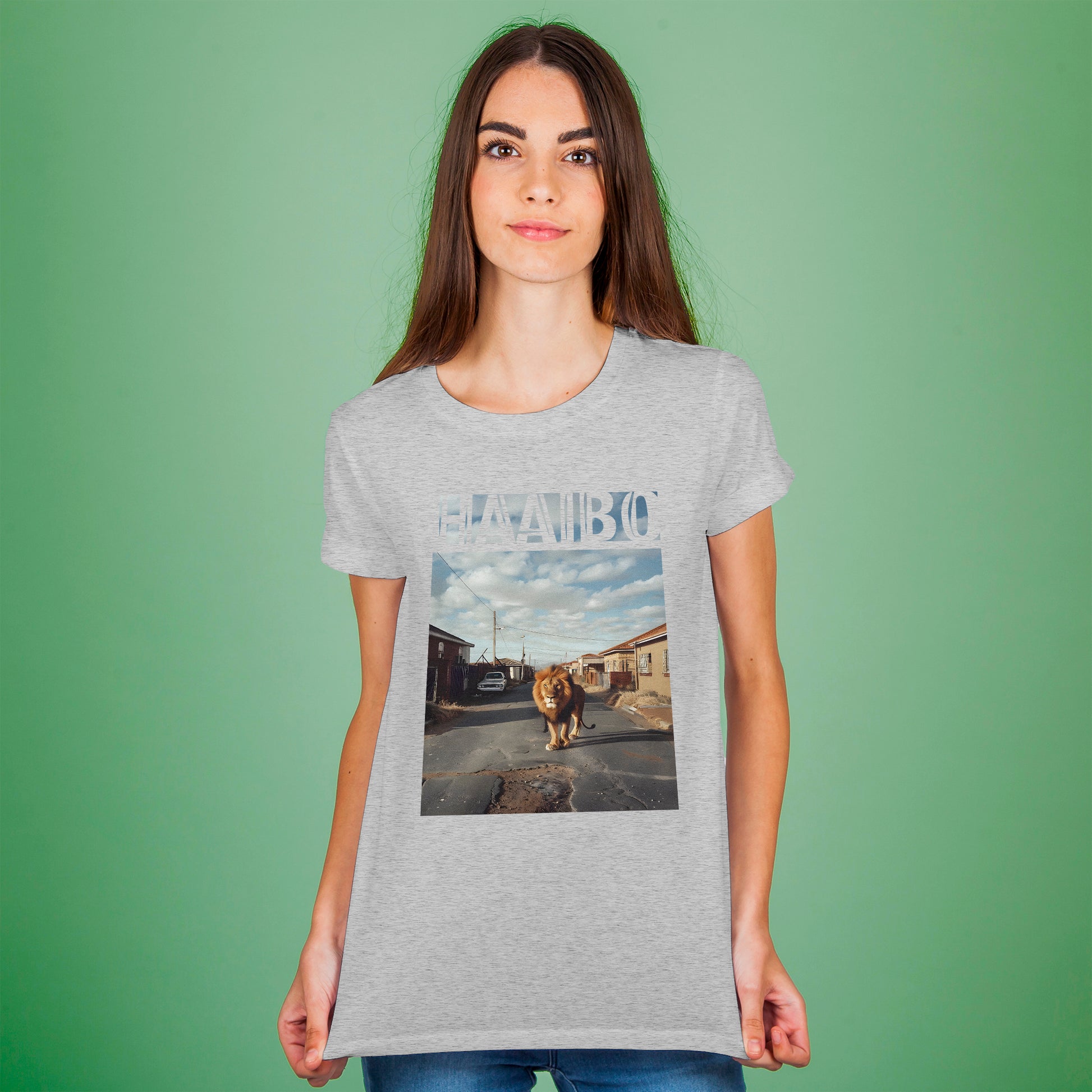 A Grey t-shirt with the phrase "Haaibo" printed in the sky, with a lion roaming the streets of africa.