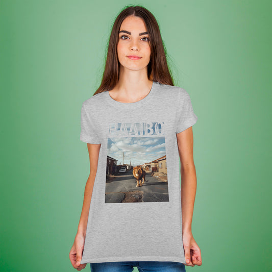A Grey t-shirt with the phrase "Haaibo" printed in the sky, with a lion roaming the streets of africa.