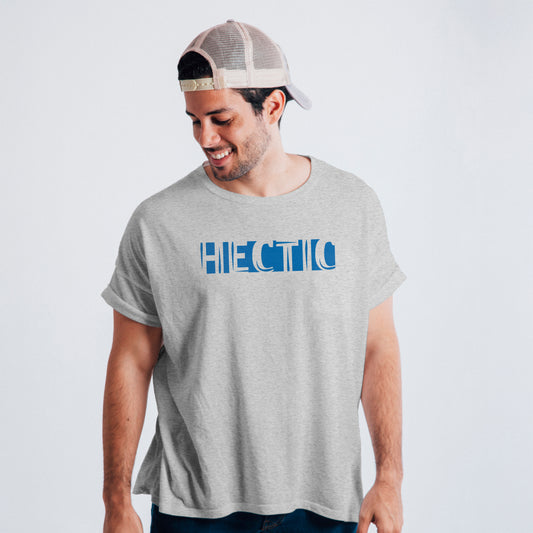 A Grey t-shirt with the phrase "Hectic" printed in Blue.