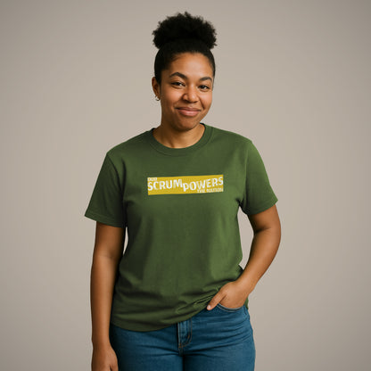 A woman wearing a green Lions Roam t-shirt with the words 'Our Scrum Powers the Nation' printed across the chest. He stands confidently, a playful take on South Africa’s rugby strength and power cuts.