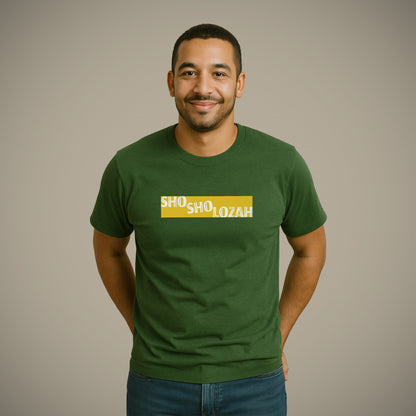 A man wearing a green Lions Roam t-shirt with the words 'Sho Sho Lozah' boldly printed on the front. He stands confidently against a neutral background, representing South African pride and cultural spirit.