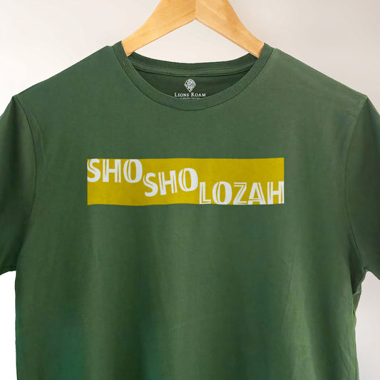 A Green t-shirt with the Phrase  "Shosholozah" printed in Yellow.